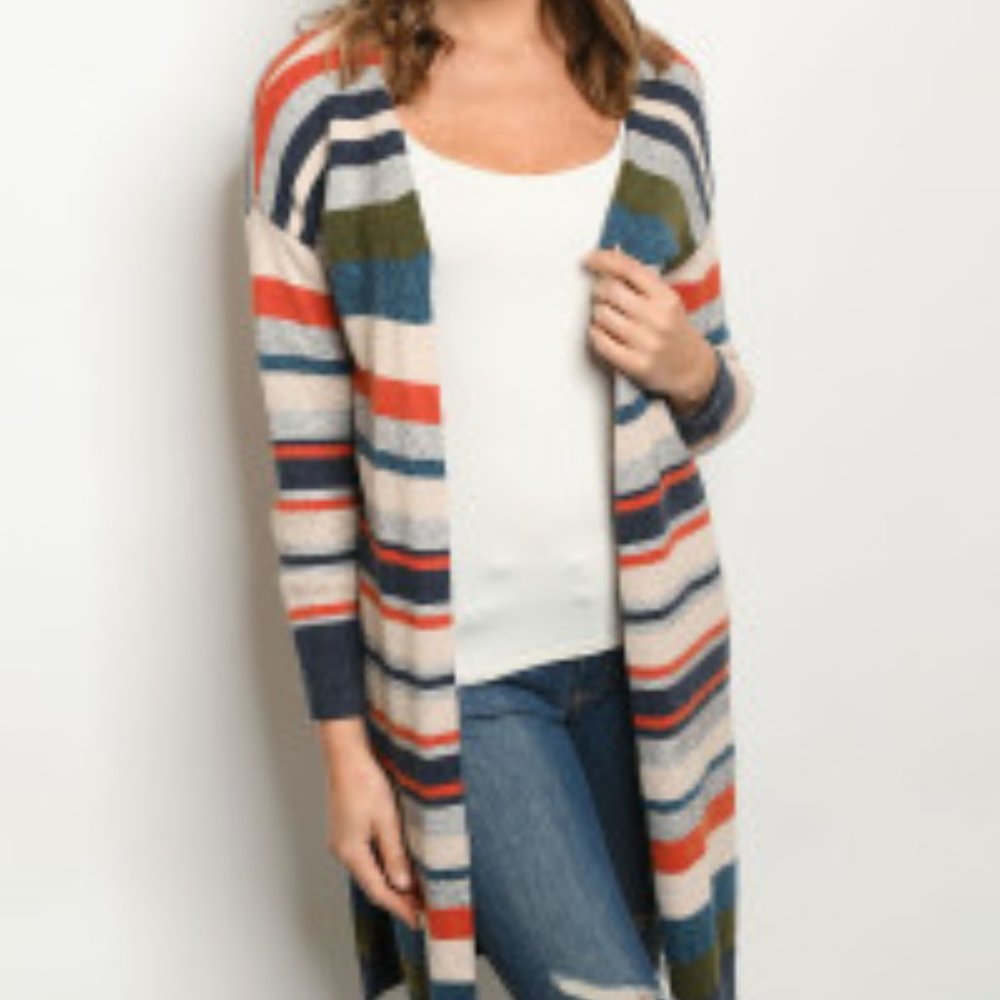 Open front multi-color striped cardigan